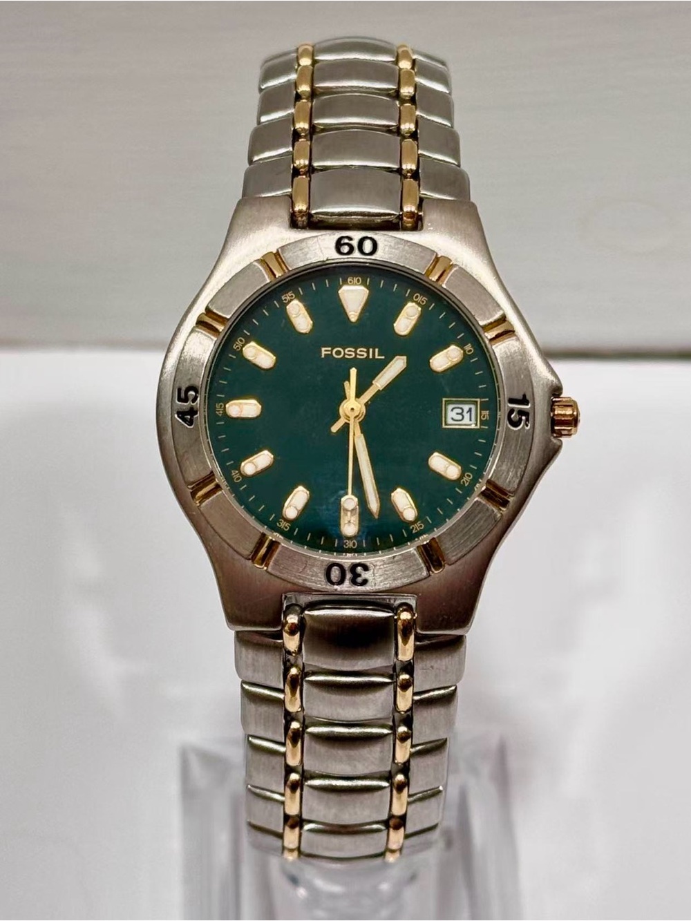 Vintage Fossil Women Quartz Two Tone Watch 33mm Green Dial Date New Battery Runs